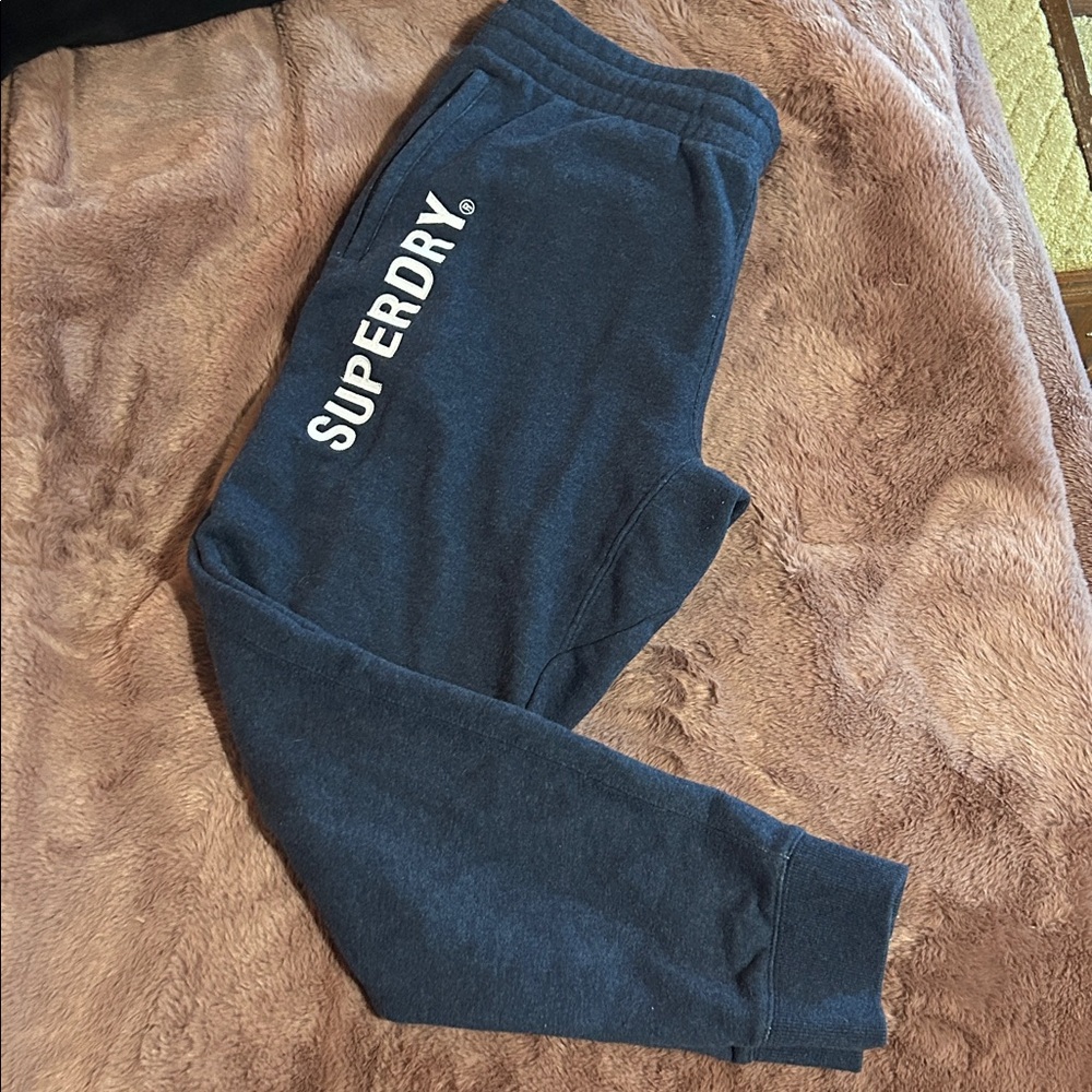 SUPERDRY Unisex BLUE Joggers sweatpants embroidered logo drawstring S/M